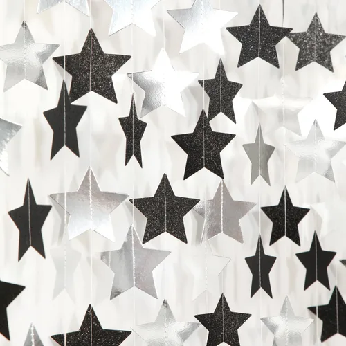 Guirnalda de decoración de cumpleaños y graduación en negro y plata - 18.9 metros de serpentinas brillantes con purpurina y estrellas colgantes,