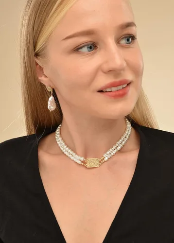 Miniatura 4 de DAZLIME Collar de perlas de cristal para novia, collares de perlas para mujer, medallón con dije de forma irregular, gargantilla delicada para niñas