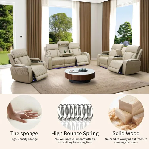 Miniatura 6 de Juego de sillones reclinables eléctricos con luces LED, juego reclinable de cuero acolchado con aire con puerto USB/almacenamiento/portavasos/luz