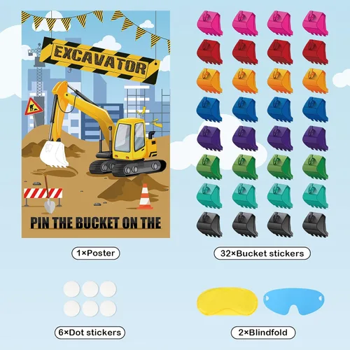 Miniatura 5 de Hxezoc Pin The Bucket on The Excavator Game con 32 cubos grandes de construcción para juegos de fiesta para niños, fiesta de cumpleaños, suministros