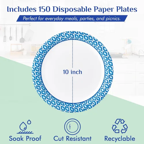 Miniatura 3 de MUCHII Platos de papel de 10 pulgadas, 150 unidades a prueba de remojo y corte, platos desechables grandes azules a granel para uso diario, fiestas