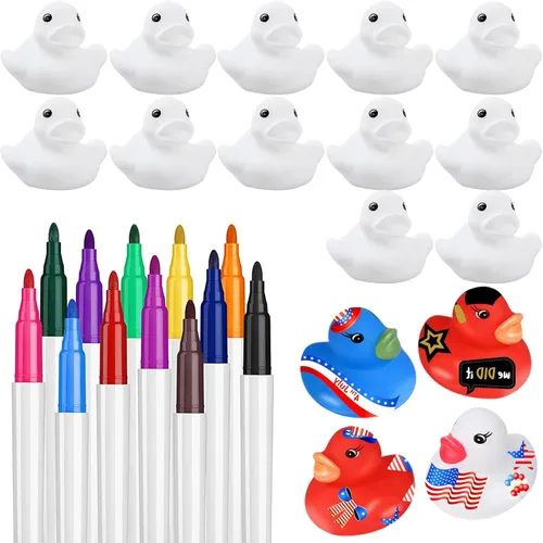Patos de goma blancos en blanco, juguete flotante de baño con bolígrafos de color impermeables para regalos de fiesta de cumpleaños, regalos de