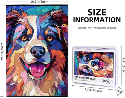 Miniatura 5 de Rompecabezas de Madera de Vidrio Colorido Manchado de Amantes de Perros Pastor Australiano de 1000 Piezas de Pintura Artística para Niños Adultos