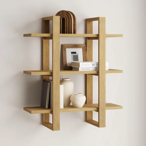 Miniatura 9 de Nathan James Benji - Estantería de pared de mediados de siglo, estante decorativo flotante de madera de 3 niveles, roble negro
