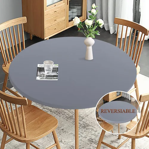 Miniatura 28 de Obstal Mantel Redondo Ajustable, Mantel Reversible Impermeable Resistente a las Manchas Elástico Extensible, Cubierta de Mesa Fácil de Limpiar