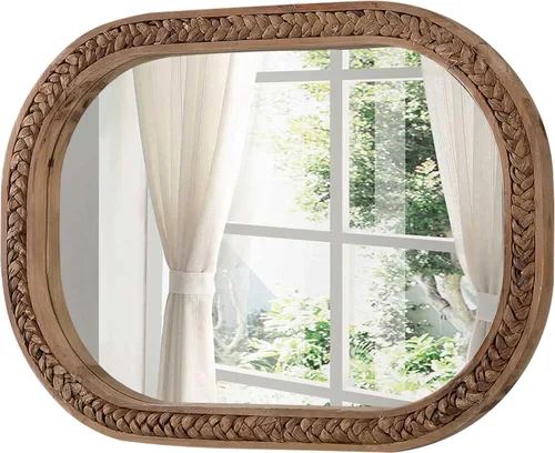 Miniatura 9 de Espejos rústicos ovalados de ratán para pared de 16 x 24 pulgadas, espejos colgantes con marco de madera para dormitorio, espejo costero único hecho