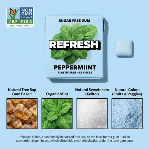 Miniatura 4 de Refresh Gum, Sin azúcar, natural, xilitol, goma de mascar de larga duración, sabores naturales, ingredientes orgánicos, sin plástico, sin OMG, sin