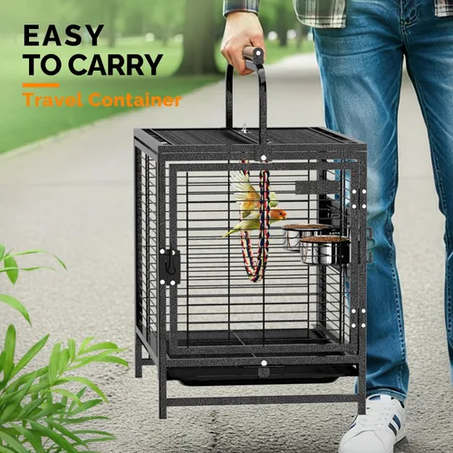 Miniatura 2 de VINGLI Jaula para pájaros pequeños, jaula de viaje de 19 pulgadas con asa, jaula de periquitos de hierro forjado con perca de madera para loros