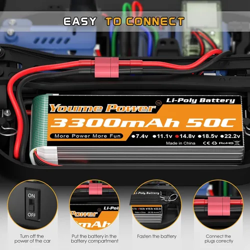Miniatura 6 de Lipo 4S - Batería Lipo de 14.8 V, 3300 mAh, 50 C con enchufe en T para helicóptero a control remoto, avión, barco, cuadricóptero (2 paquetes)