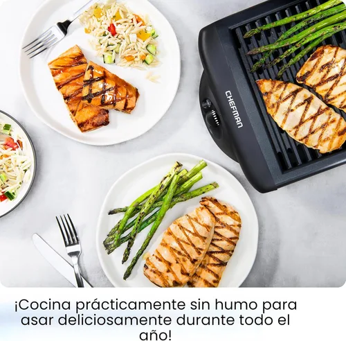 Miniatura 3 de Chefman Parrilla eléctrica para interiores sin humo con superficie de cocción antiadherente y perilla de temperatura ajustable de cálido a abrasador