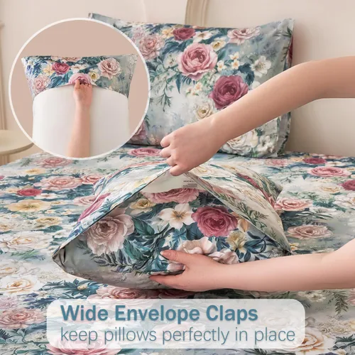 Miniatura 5 de Juego de sábanas de cama floral azul 100% algodón percal tamaño King, diseño vintage chic shabby, con patrón de peonía, ropa de cama suave y Monet