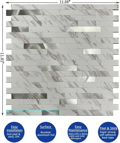 Miniatura 2 de XUANINY Azulejos de 10 hojas de azulejos en muro para salpicaduras, calcomanías de cocina de mármol blanco de PVC sintético, paneles de pared