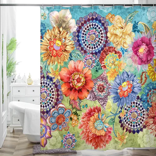 Miniatura 14 de Cortina de ducha bohemia, tela de poliéster repelente al agua con estampado floral bohemio para decoración de baño, 72 x 72 pulgadas