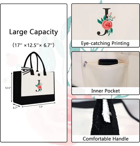 Miniatura 2 de Bolsa de lona con inicial, regalos de cumpleaños personalizados para mujeres, madres, amigas y profesoras, bolsas de mano con monograma adecuadas
