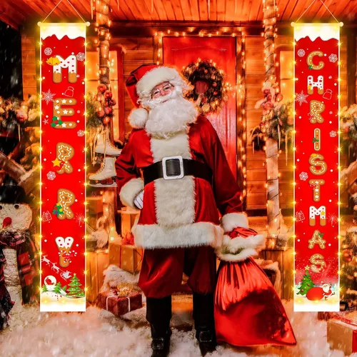 Miniatura 5 de Cartel de decoración de Navidad colgante al aire libre - Cartel rojo colgante con patrón de galletas y tira de luces para decoración de fiesta