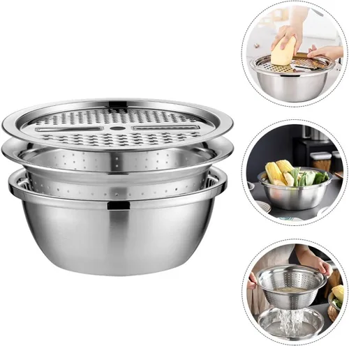 Miniatura 7 de OSALADI Rallador de acero inoxidable 3 en 1, escurridor de verduras, herramienta de cocina multiusos para lavar arroz y cortar verduras, 10.23 x