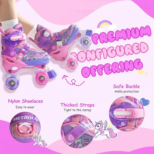 Miniatura 5 de METROLLER Patines de ruedas para niñas de 4 a 6, 5 a 8, 8 a 12 años, patines ajustables para niñas pequeñas, ruedas brillantes, diseño de unicornio