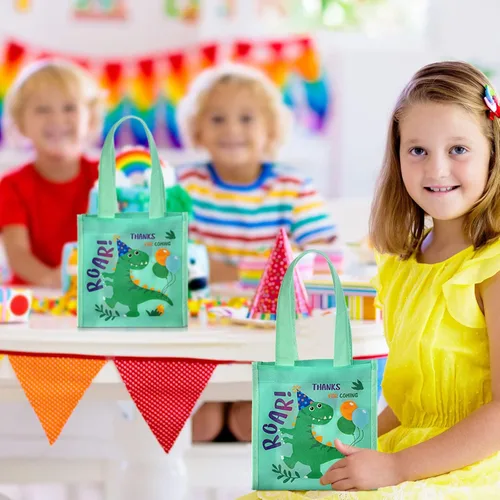 Miniatura 6 de Kajaia 24 bolsas pequeñas de dinosaurio para fiesta, regalo de dinosaurio, reutilizables, caramelos, dinosaurios, no tejidas, bolsas con asas