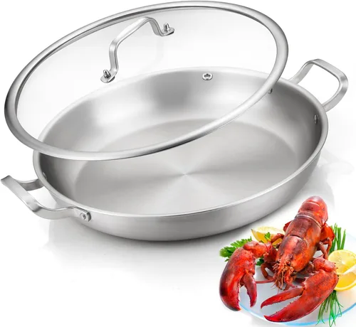 Miniatura 12 de Yeksum Paella de tres capas de acero inoxidable de 14.5 pulgadas, 12 porciones con tapa, sartén grande antiadherente 18/10, olla jumbo, bandeja