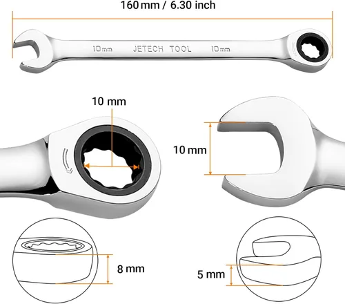 Miniatura 2 de Jetech - Llave combinada de trinquete de 10 mm, llave de carraca de grado industrial con trinquete de 12 puntas y 72 dientes, acero Cr-V forjado