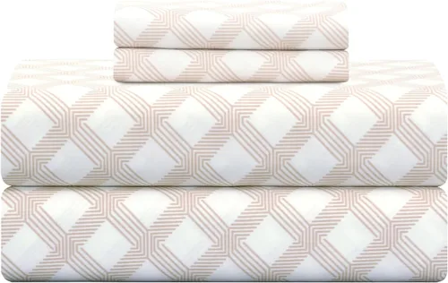 Juego de sábanas Feather & Stitch de 300 hilos tamaño individual, 100% algodón con tejido de satén estampado, sábanas frescas y transpirables, juego