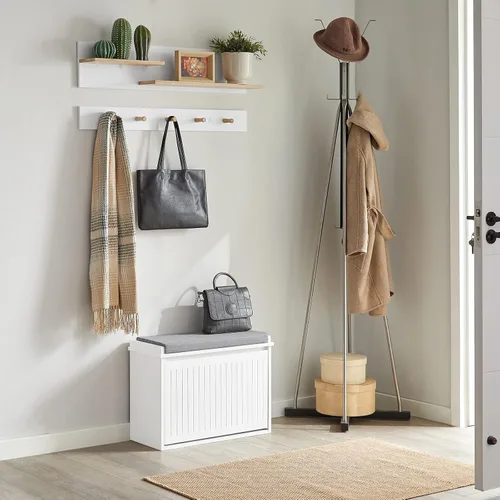 Miniatura 3 de Haotian Banco de zapatos pequeño, banco de almacenamiento con cojín de asiento extraíble, otomana para entrada y dormitorio, 2 cajones abatibles