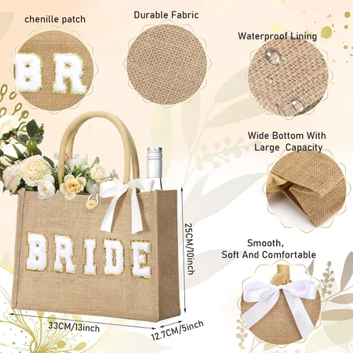 Miniatura 4 de Silkfly Bolsa de mano de novia de boda, regalo de despedida de soltera, bolsa de yute de playa con cinta para regalos de despedida de soltera