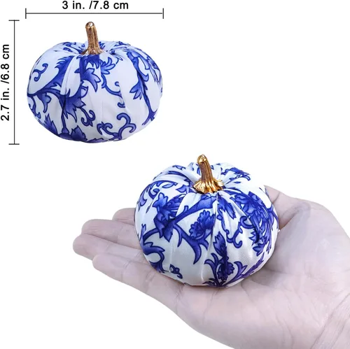 Miniatura 2 de Winlyn 12 calabazas decorativas de tela pequeña en azul y blanco, chinoiserie chic, calabazas de espuma de 3 pulgadas para regalos, otoño, boda