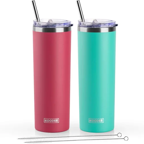 Miniatura 66 de Koodee - Vaso delgado de acero inoxidable de 20 onzas (4 unidades) aislado con doble pared, vaso de agua con 4 tapas, 4 popotes y 2 cepillos