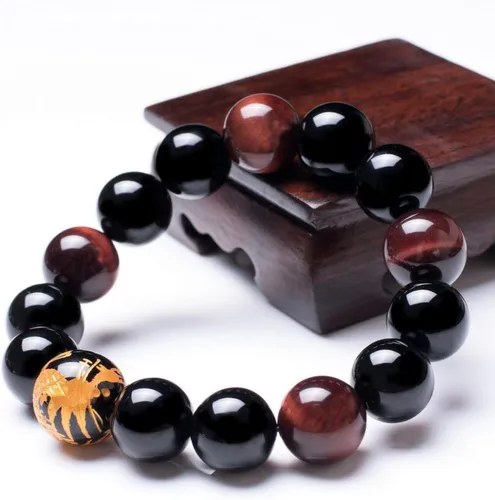 Miniatura 2 de Men's Tiger Eye Stone Elastic Bead Bracelet with Dragon Pattern Bead Dragon & Beaded Bracelet