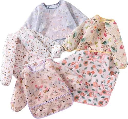 Miniatura 10 de Babero de manga, paquete de 5, baberos impermeables para bebé de 3 a 24 meses, fáciles de limpiar con toalla