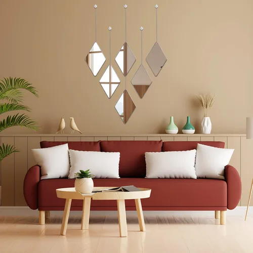 Miniatura 7 de Juego de 6 espejos de decoración de pared con 2 destornilladores, espejo de pared colgante de diamante con cadena y marco plateado, espejo de cadena