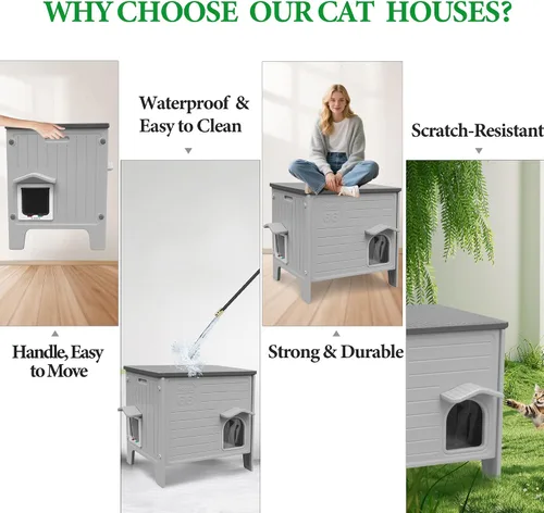 Miniatura 5 de Deblue Casa para Gatos de Exterior Resistente a la Intemperie Grande de Plástico Casas para Gatos con Puerta de Escape Interior Impermeable Refugio