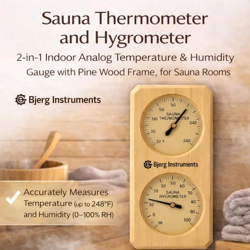 Miniatura 2 de Termómetro e higrómetro de sauna – Medidor analógico de temperatura y humedad 2 en 1 para interiores con marco de madera de pino, para salas