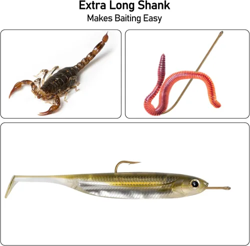 Miniatura 7 de Dr.Fish Paquete de 100 anzuelos de pesca Aberdeen, ganchos de agua dulce, mango extra largo, alambre de luz de bronce, ganchos de cebo vivo