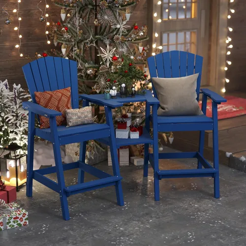 Miniatura 16 de Juego de 2 sillas altas Adirondack de Patio Kingdom, sillas de cubierta de HDPE con bandejas conectadas y agujero para sombrilla, taburetes de bar