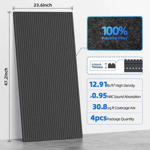 Miniatura 6 de Paquete de 4 paneles acústicos grandes que absorben el sonido con autoadhesivo, 47.2 x 23.6 x 0.36 pulgadas, paneles de espuma a prueba de sonido