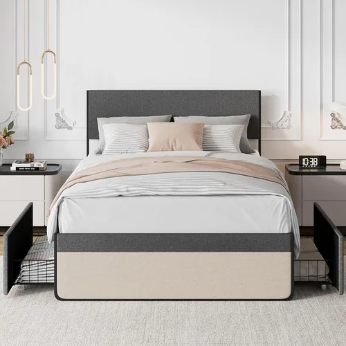 Miniatura 3 de Base de cama tamaño Queen con cabecera y 2 cajones de almacenamiento, base de colchón con soporte de listones de metal, no necesita somier, sin