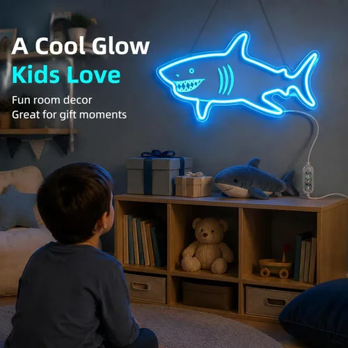 Miniatura 8 de Letrero de neón de tiburón con sensor de movimiento, letrero de neón LED azul hielo con 3 modos regulables, tablero acrílico decoración de tiburón
