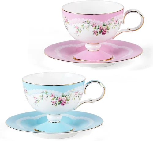 KAMMAK Juego de 2 tazas de café de cerámica, tazas de café de porcelana con platillos, 6.52 onzas hechas a mano, elegante taza de té de porcelana de