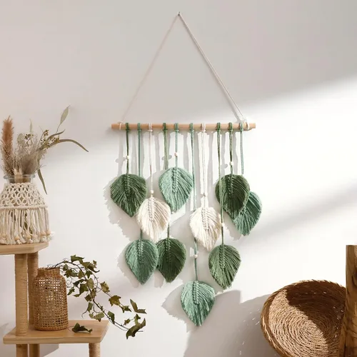 Miniatura 11 de Tapiz de hojas de macramé para decoración de pared, tapices tejidos bohemios, arte de pared de hojas de otoño, grandes borlas bohemias, adorno