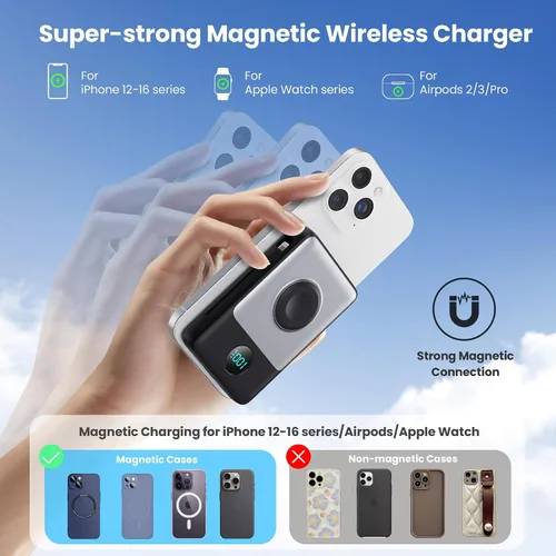 Miniatura 7 de Cargador portátil magnético de 10800 mAh para iPhone con cables integrados, cargador de batería inalámbrico 6 en 1 con cargador iWatch, pantalla LCD
