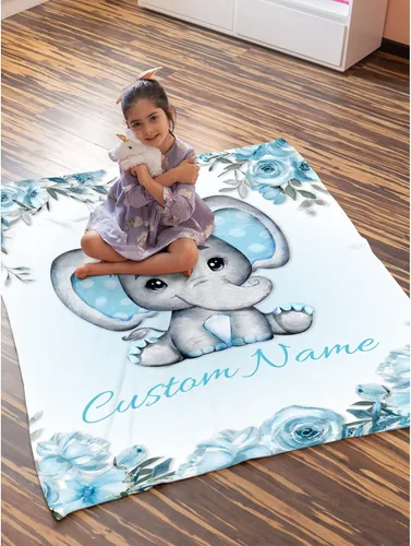 Miniatura 5 de Manta personalizada de elefante azul floral con nombre para niñas, manta con nombre personalizado para niños pequeños, regalos personalizados