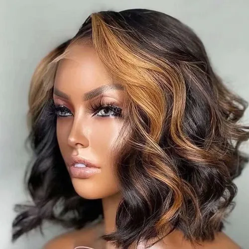 Miniatura 14 de Pelucas de cabello humano ondulado corto con reflejos #1B/27, pelucas de encaje HD, predepiladas, densidad del 150%, cuerpo corto, ondulado, 13x6