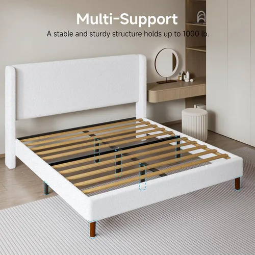 Miniatura 5 de Marco de cama Full Boucle, cama de plataforma con cabecera tapizada con respaldo de ala, fuerte soporte de listones de madera, sin ruido, no Beige