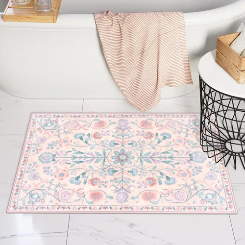 Miniatura 16 de Uphome Alfombra de baño bohemia con diseño floral beige, ultra suave, antideslizante, vintage, lavable a máquina, alfombra de baño floral para baño