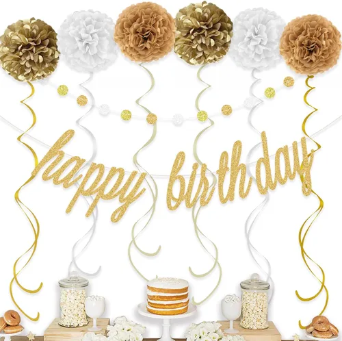 Miniatura 3 de KOKAR Decoraciones doradas de feliz cumpleaños: pancarta dorada de feliz cumpleaños, pompones de papel, remolinos colgantes y guirnalda de puntos