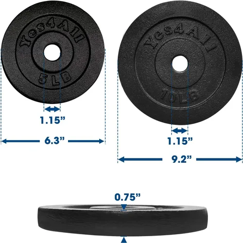 Miniatura 3 de Yes4All Placa de peso de hierro fundido de 1.15 pulgadas, ideal para mango de mancuernas, entrenamiento de fuerza y levantamiento de pesas (juego)