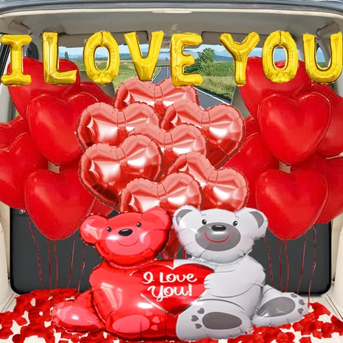 Miniatura 7 de Juego de globos y globos de aniversario, kit romántico de globos de corazón con rosa roja, decoraciones de aniversario para boda, confesión
