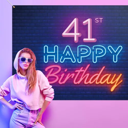 Miniatura 3 de Cartel de fondo de neón brillante con texto en inglés «Happy 41st Birthday», decoración temática de fiesta de cumpleaños de 41 años para hombres